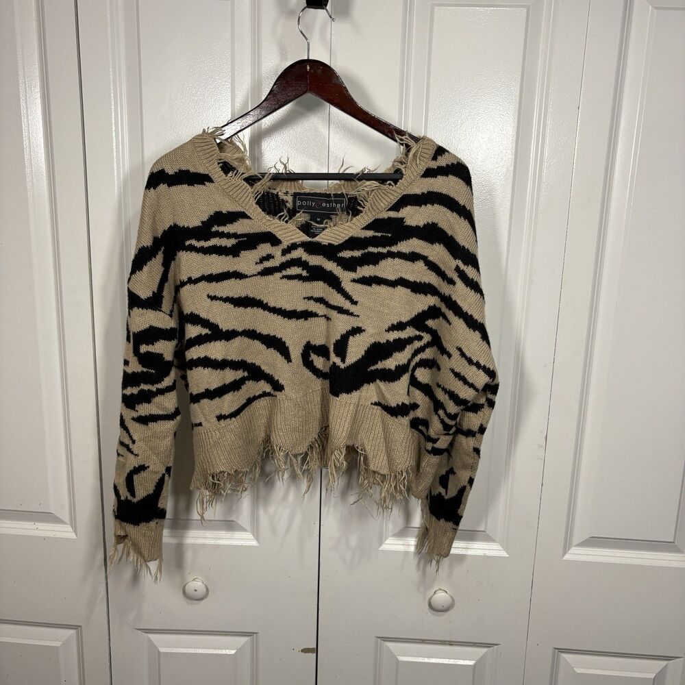 Polly Esther Womens M Distressed V Neck Zebra Animal Print Sweater Grunge Boho